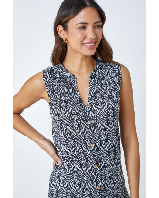 Roman Blue Printed Button Through Jersey Blouse