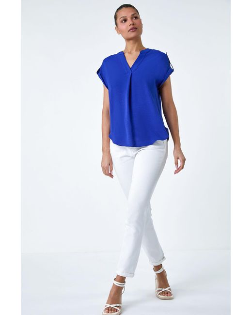 Roman Blue Plain Notch Neck Pleat Front Top