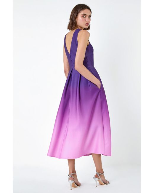Roman Purple Ombre Pleated Luxe Stretch Midi Dress