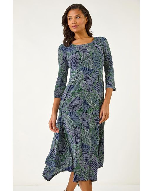 Roman Blue Leaf Puff Print Hanky Hem Midi Dress