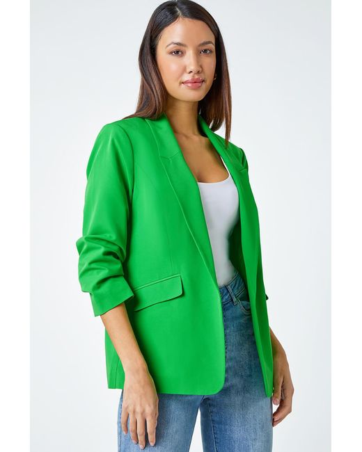 Roman Green Ruched 3/4 Sleeve Stretch Blazer