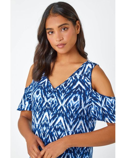 Roman Blue Tie Dye Jersey V-Neck Cold Shoulder Top