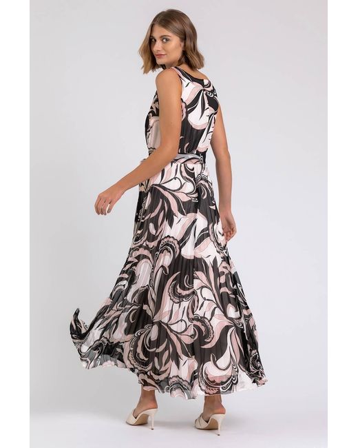 Roman Natural Abstract Print Pleated Chiffon Maxi Dress