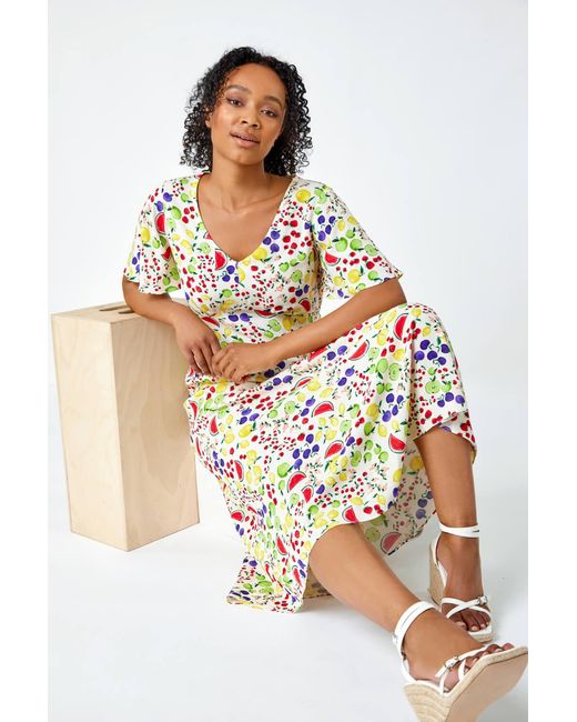 Roman Petite White Fruit Print Midi Tea Dress