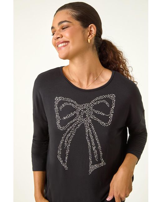 Roman Black Sparkling Bow Detail Viscose Top