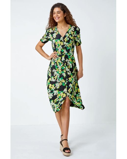 Roman Green Ditsy Floral Ruched Sleeve Midi Dress