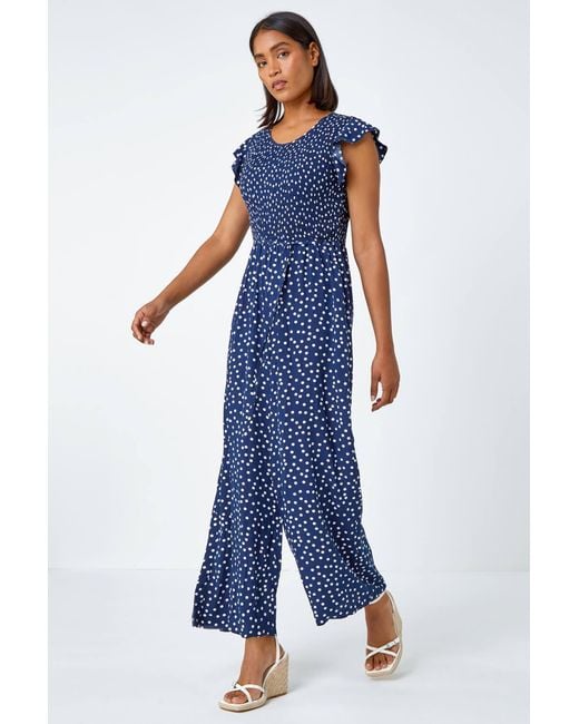 Roman Blue Polka Dot Shirred Pocket Jumpsuit