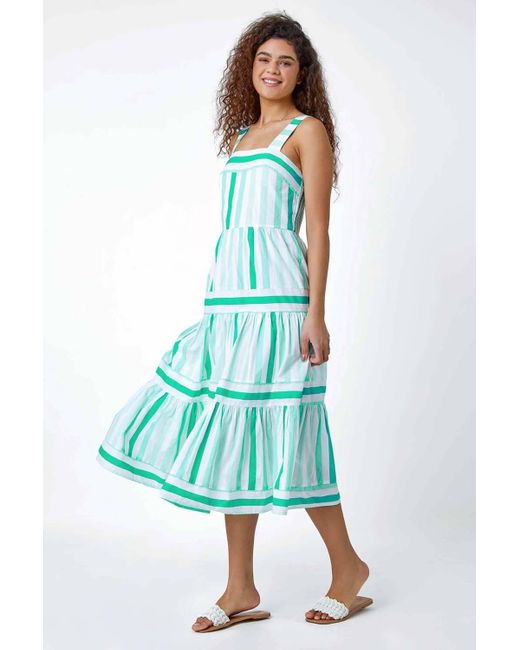 Roman Blue Cotton Stripe Print Tiered Maxi Dress