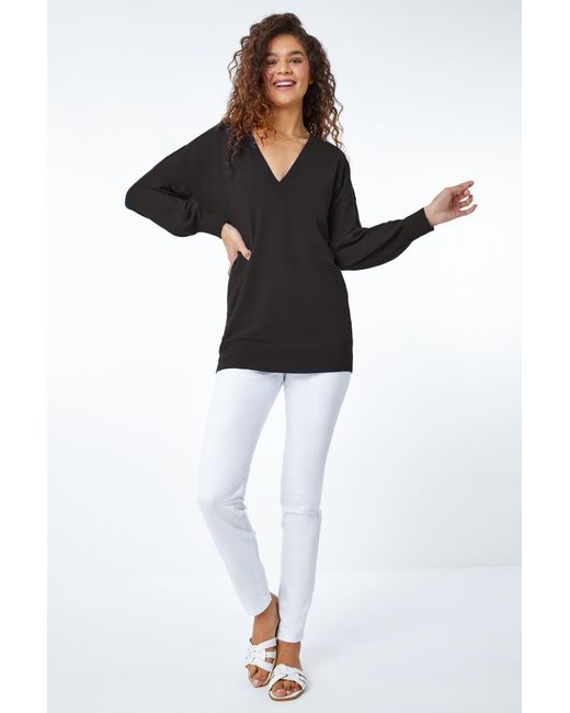 Roman Black Plain Stretch V-Neck Longline Jumper