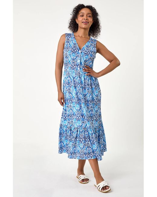 Roman Petite Blue Aztec Print Tiered Midi Dress