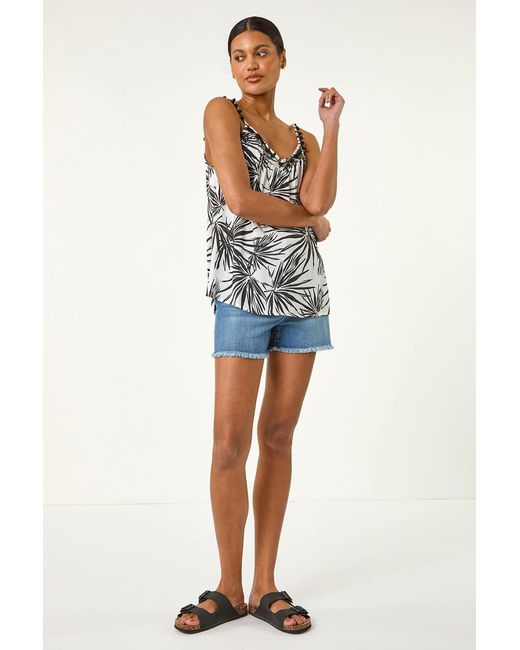 Roman White Palm Leaf Print Pom Pom Cami Top