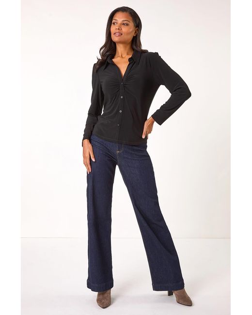 Roman Black Collar Button Stretch Blouse
