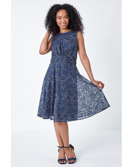 Roman Petite Blue Lace Shimmer Belted Midi Dress