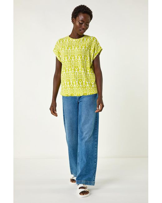 Roman Yellow Ikat Print Bubble Hem Top