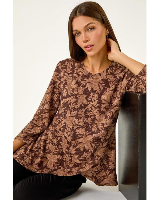 Roman Brown Stretch Floral Print Wrap Tunic
