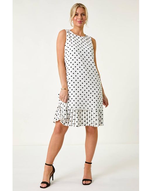 Roman Petite White Spot Print Pleated Shift Dress