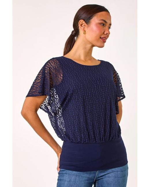 Roman Blue Printed Burnout Bubble Hem Top