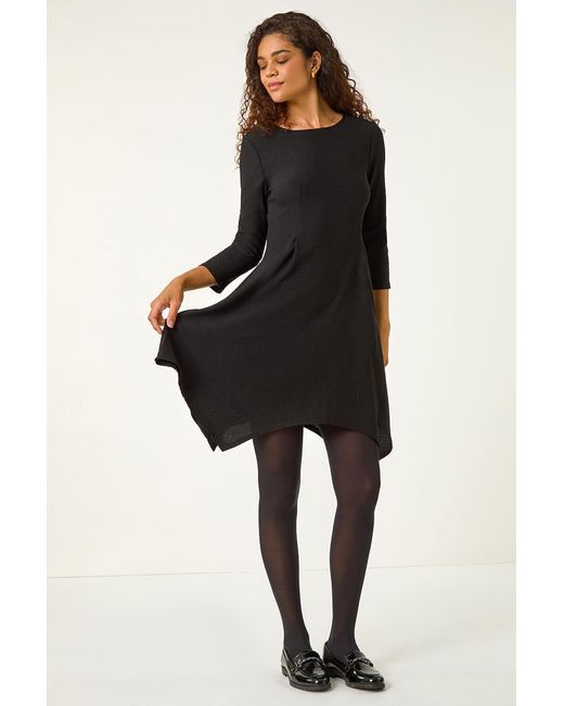 Roman Black Asymmetric Textured Pleat Stretch Dress