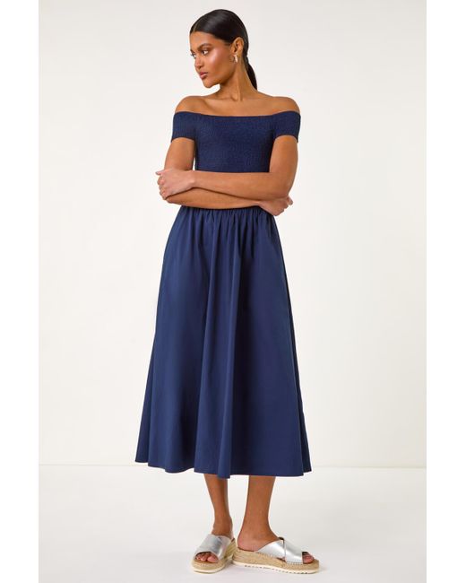 Roman Blue Shirred Cotton Midi Dress