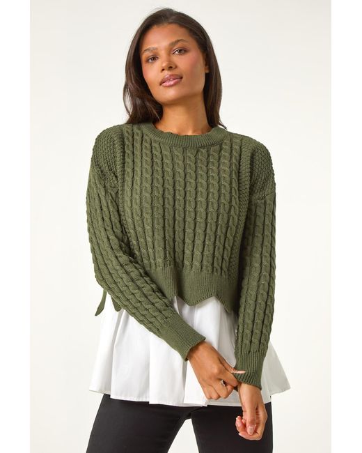 Roman Green Contrast Cable-Knit Jumper