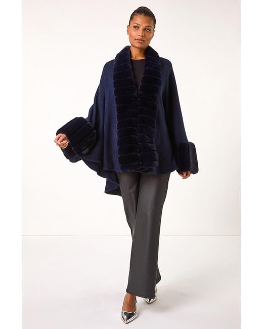 Roman Blue Faux Fur Trim Knitted Poncho