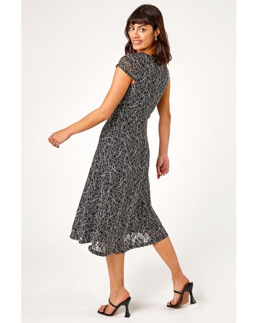 Roman Black Glitter Stretch Lace Midi Dress