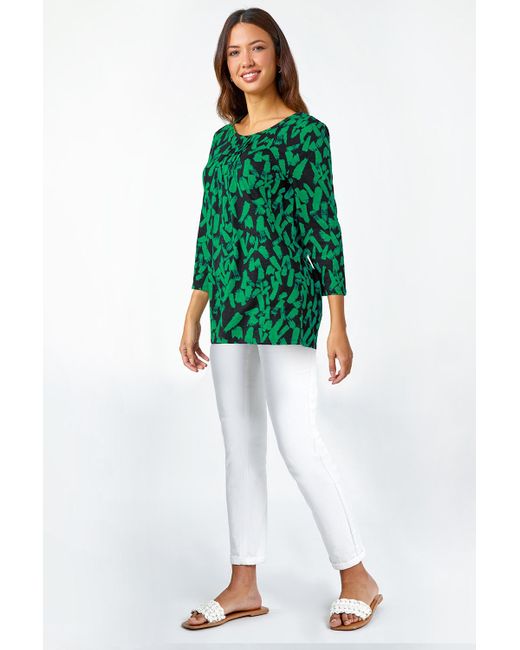 Roman Green Cotton Abstract Print Pleated Top