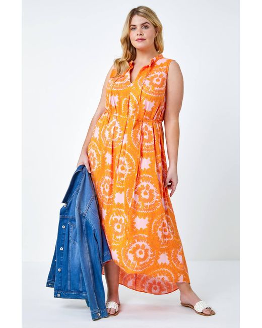Roman Curve Orange Tie Dye Print Tie Neck Midi Dress