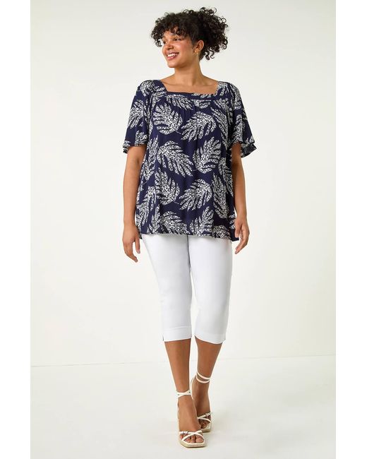 Roman Curve Blue Leaf Print Square Neck Top