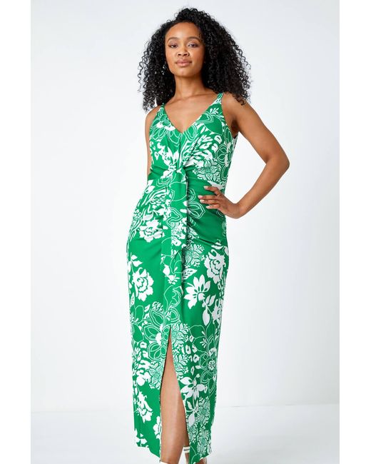 Roman Petite Green Floral Knot Stretch Maxi Dress