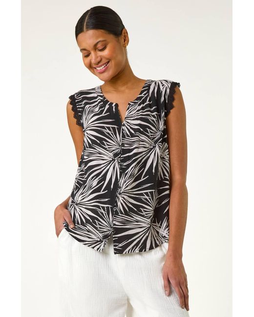 Roman Black Leaf Print Lace Detail Blouse