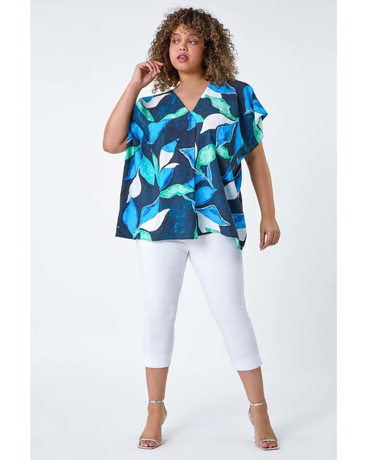 Roman Curve Blue Abstract Print V-Neck Pleat Front Top