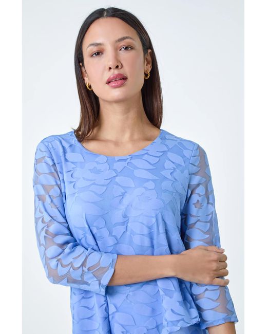 Roman Blue Burnout Leaf Asymmetric Stretch Top