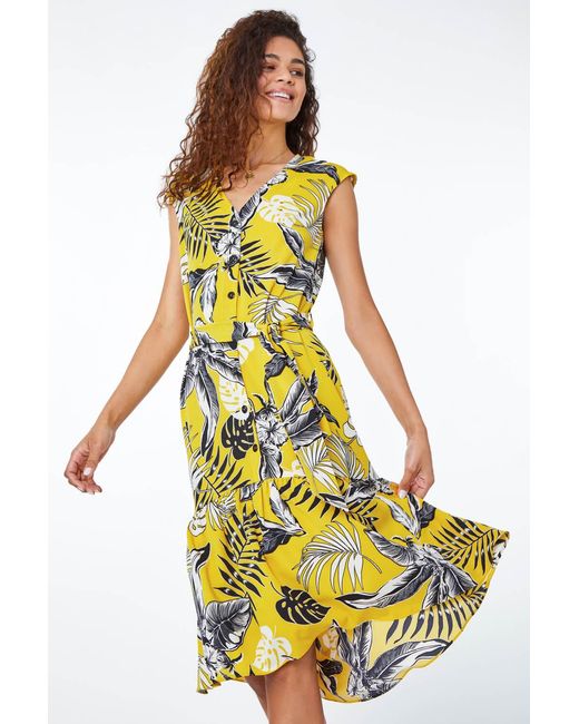 Roman Yellow Tropical Print Dipped Hem Dress