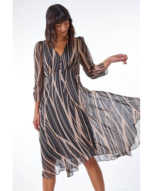 Roman Black Abstract Chiffon Wrap Asymmetric Midi Dress