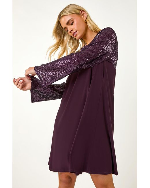 Roman Petite Purple Contrast Sequin Shift Stretch Dress