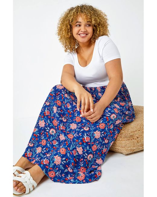 Roman Curve Blue Floral Print Elastic Waist Maxi Skirt