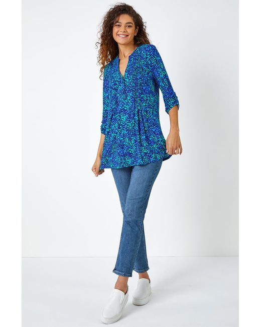 Roman Blue Abstract Spot V-Neck Pintuck Jersey Tunic Top