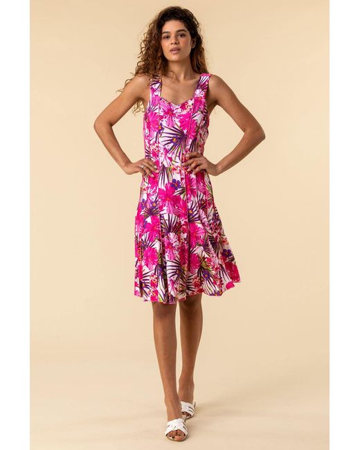 Roman Pink Tropical Floral Panel Stretch Skater Dress