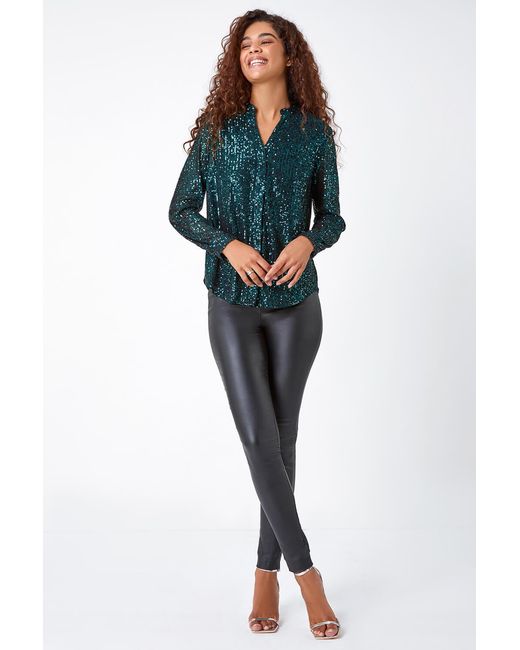 Roman Green Embellished Sequin Stretch Blouse