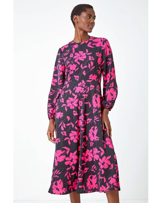 Roman Purple Floral Contrast Print Midi Dress
