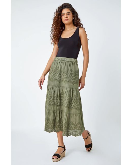 Roman Green Broderie Elastic Waist A Line Tiered Midi Skirt
