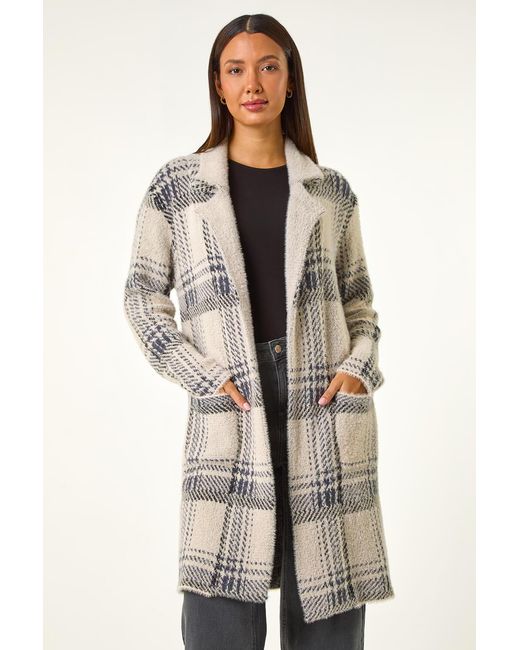Roman Blue Patchwork Check Collar Pocket Cardigan