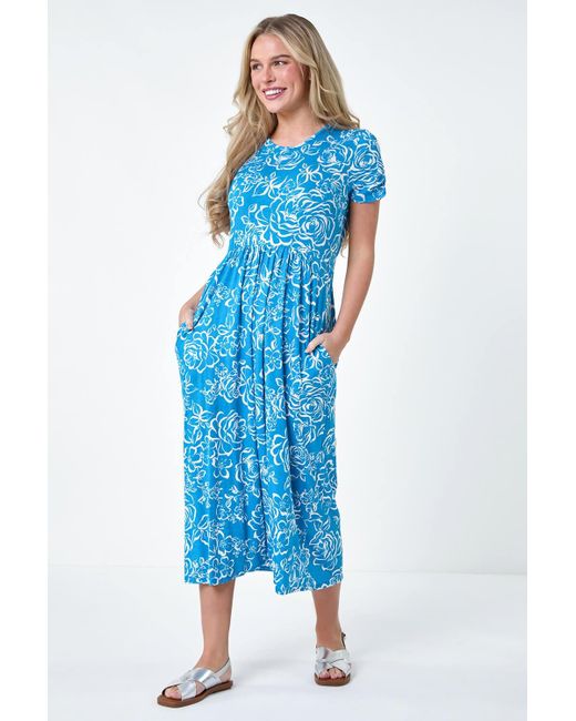 Roman Blue Originals Petite Floral Print Stretch Pocket Midi Dress