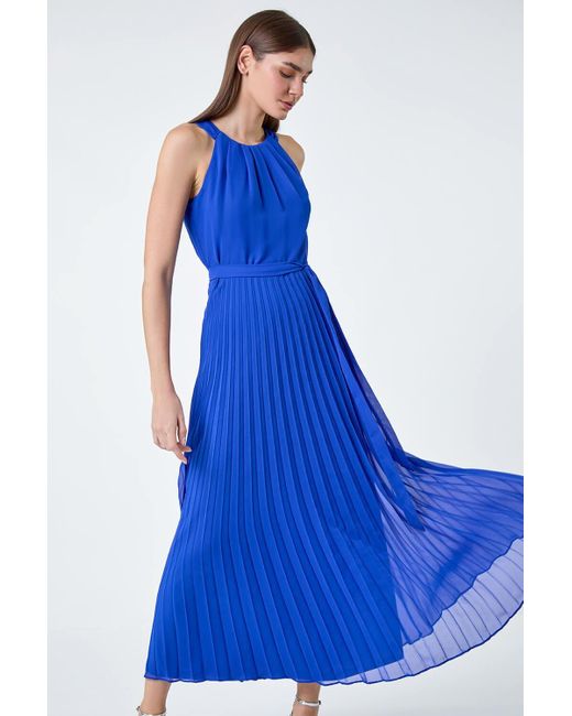 Roman Blue Pleated Halter Neck Maxi Dress