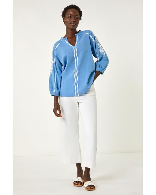 Roman Blue Embroidered Sleeve V-Neck Top