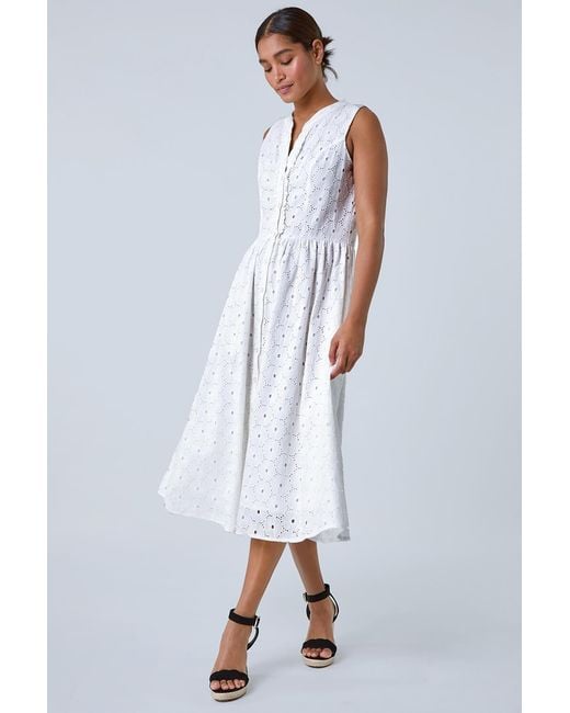 Roman White Floral Cotton Broderie Midi Dress