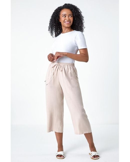 Roman Petite Natural Linen Mix Wide Cropped Trousers