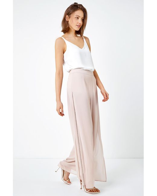 Roman Pink Diamante Side Split Chiffon Trousers