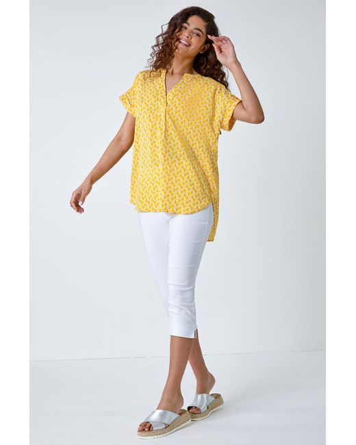 Roman Yellow Abstract Print Woven Pleat Front Top